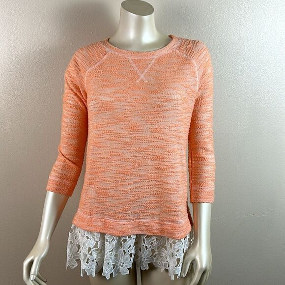 Sunday In Brooklyn Anthropologie Orange White Lace Hem Pullover Sweater Small XS - Picture 6 of 9